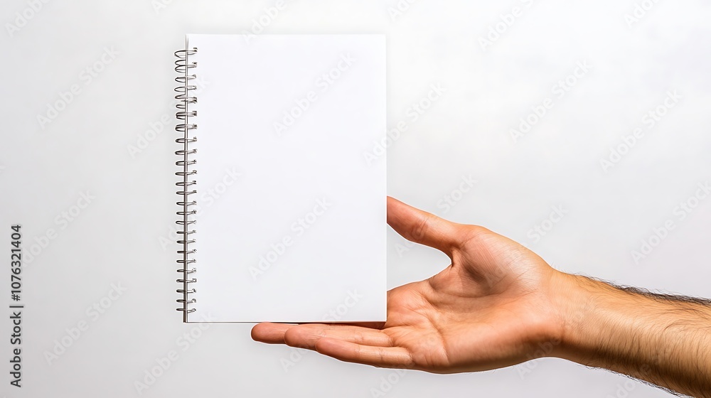 A hand holding a blank spiral notebook against a neutral background. A hand holding a blank spiral notebook against a neutral background.