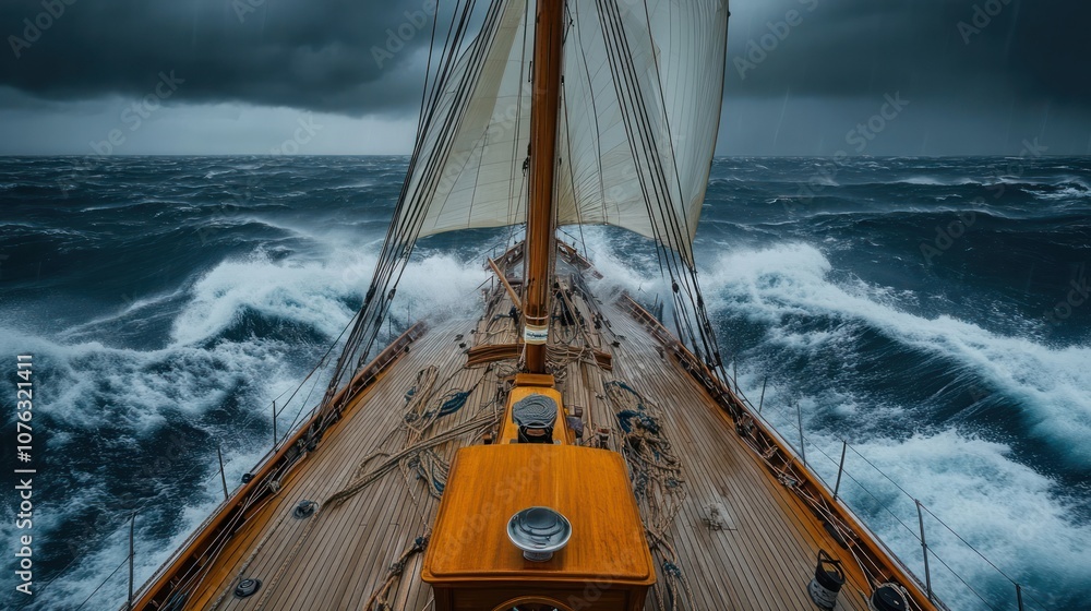 Obraz premium big sailing boat on a stormy sea, weather is heavy storm over the ship and dark rainy sky