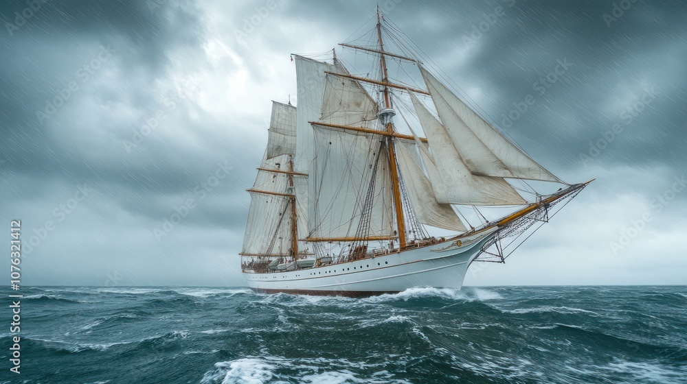 Fototapeta premium big sailing boat on a stormy sea, weather is heavy storm over the ship and dark rainy sky