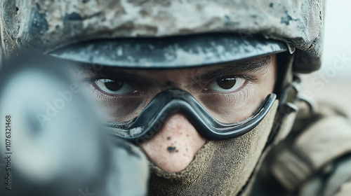 Close-up of a soldier wearing tactical gear, goggles, and camouflage helmet with intense focus in eyes.