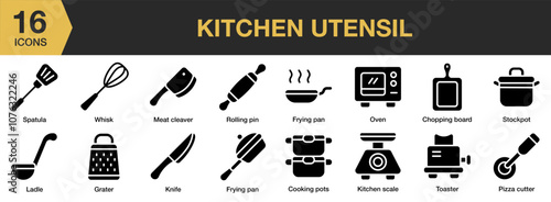 Kitchen Utensil solid icon set. Includes whisk, toaster, stockpot, spatula, rolling pin, pizza cutter, and More. Solid icons vector collection.