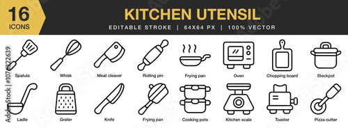 Kitchen Utensil icon set. Editable Stroke Icon Collection. Includes chopping board, cooking pots, frying pan, grater, kitchen scale, and More. Outline icons vector collection.