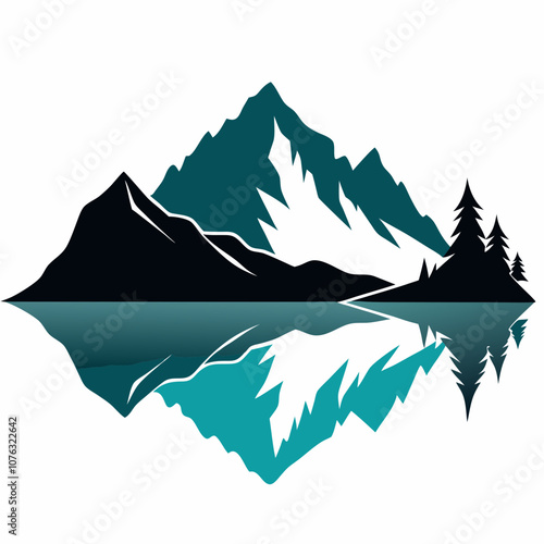 Mountain lake reflection silhouette vector illustration on white background