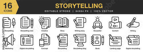 Storytelling icon set. Editable Stroke Icon Collection. Includes book, concept, content, creative, digital storytelling, and More. Outline icons vector collection.