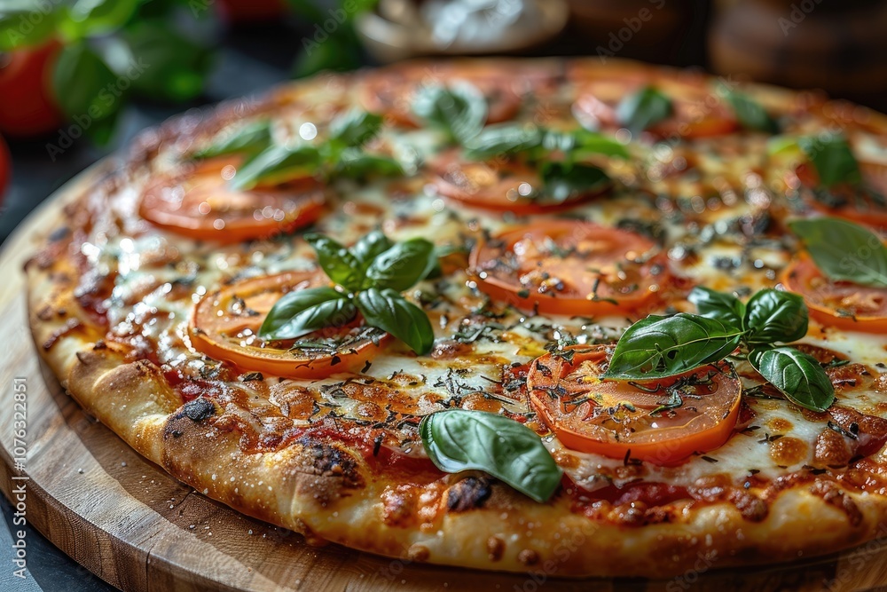 Close-up of a Margherita Pizza with Fresh Basil and Tomato Slices Close-up of a Margherita Pizza with Fresh Basil and Tomato Slices