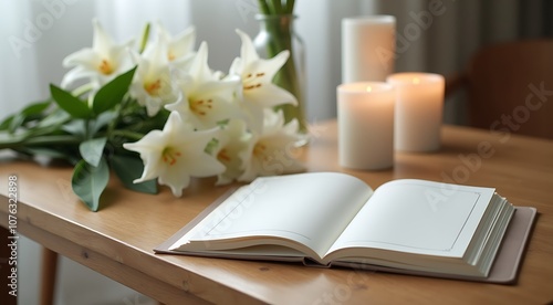 Condolence book on a wooden table with white lilies and candles creating a serene atmosphere