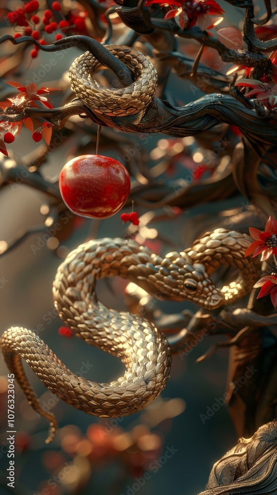 Fototapeta premium A tree with a golden snake coiled around its branches.
