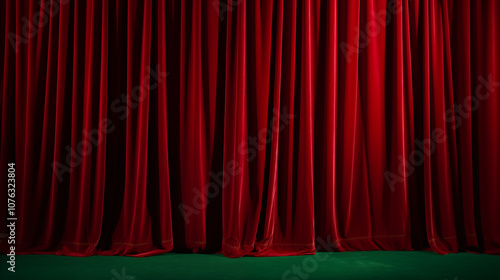 Classic theater-style red velvet curtains opening, revealing a cinematic stage moment.