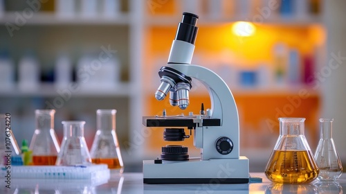 Microscope and Beakers in a Laboratory photo