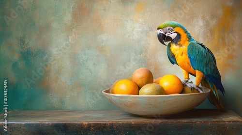 Bright Parrot with a Bowl of Fresh Fruits photo