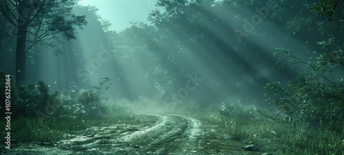 A serene forest scene featuring a winding dirt path surrounded by lush greenery. Soft rays of sunlight filter through the trees, creating a mystical atmosphere with mist hovering above the ground.