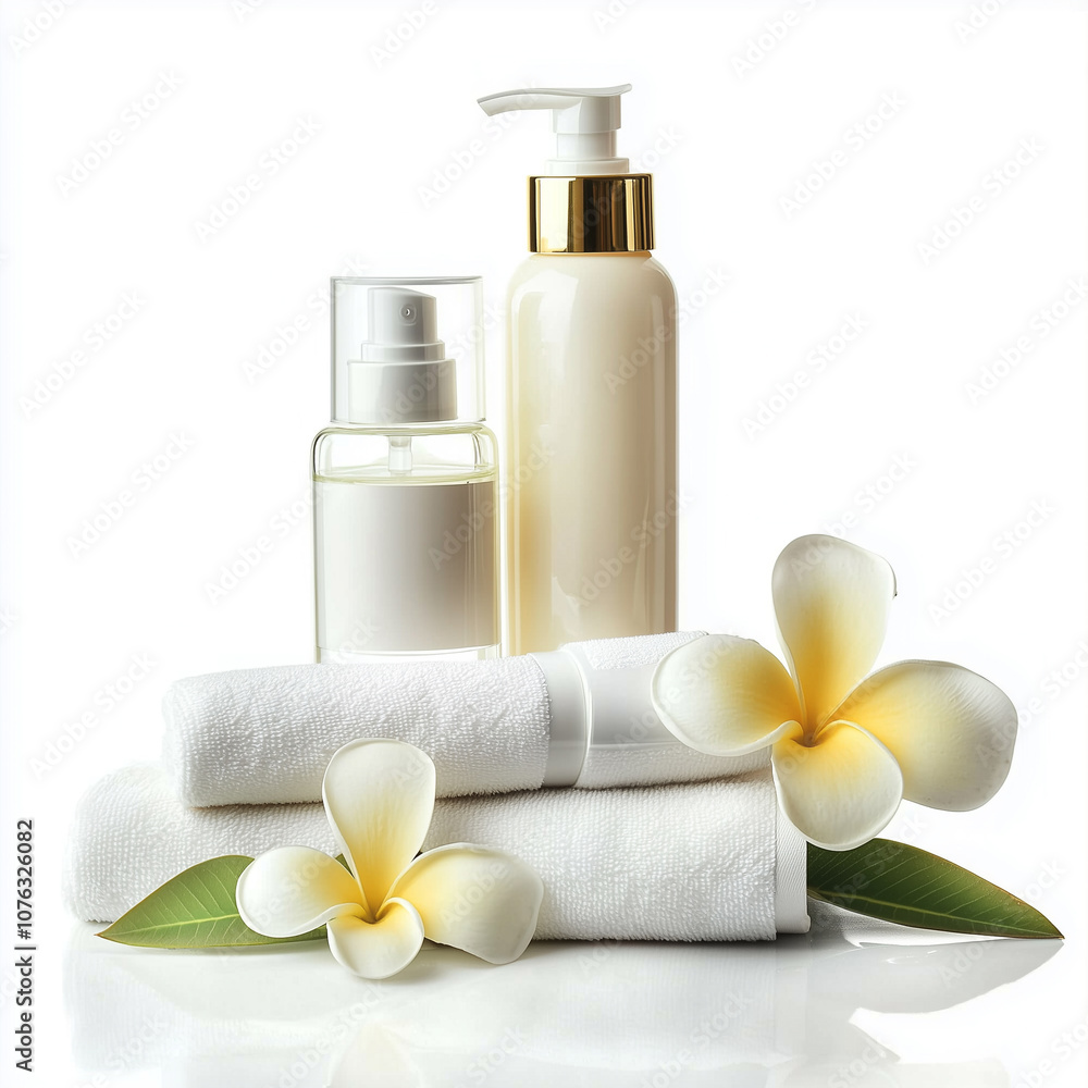 Spa still life with towels, soap, oil and flowers on white background Spa still life with towels, soap, oil and flowers on white background