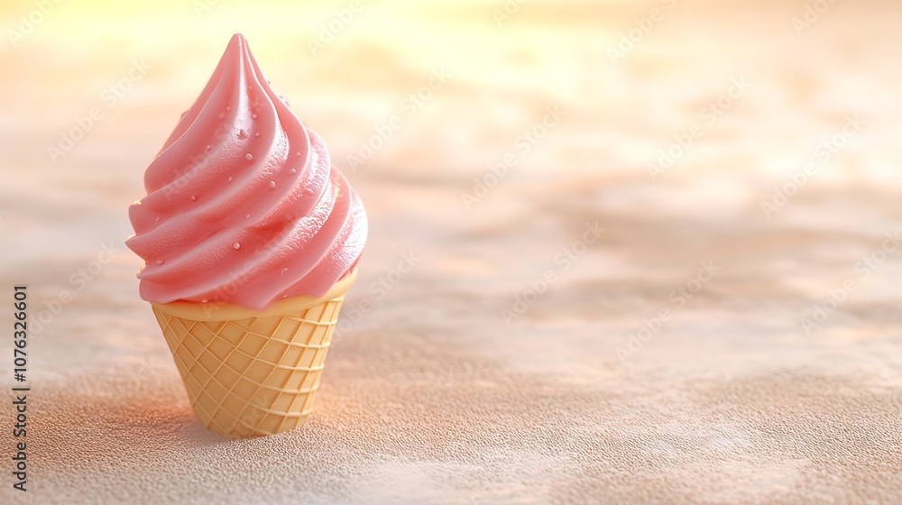 Pink ice cream cone on a sandy beach with a warm sunset in the background. Pink ice cream cone on a sandy beach with a warm sunset in the background.