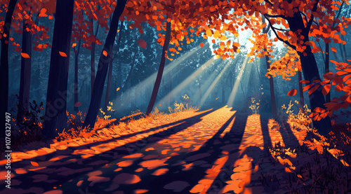 Digital Art of a Vibrant Autumn Forest Path in Enchanted Style