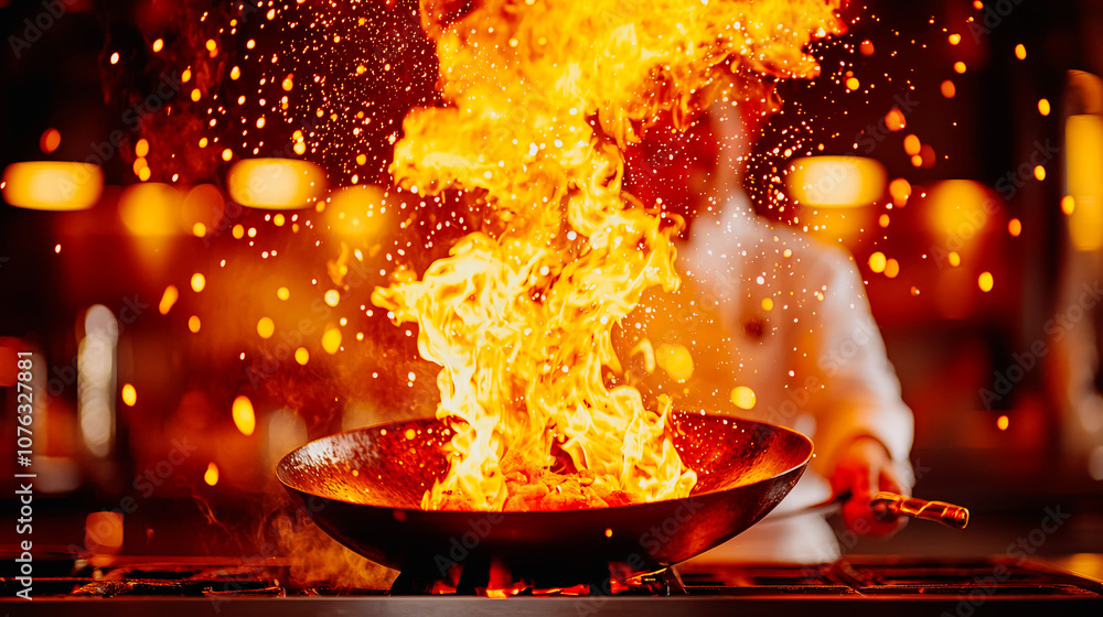Chef's Flame: A culinary artist expertly manipulates a blazing wok, showcasing the fiery passion and skill behind exceptional cuisine. Chef's Flame: A culinary artist expertly manipulates a blazing wok, showcasing the fiery passion and skill behind exceptional cuisine.