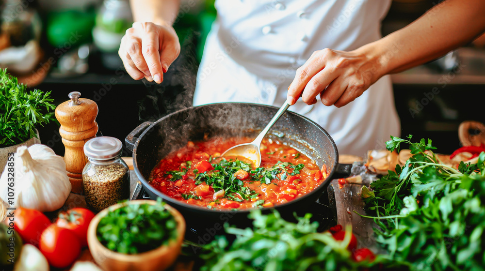 Chef's Passion: A close-up shot of a chef's hands delicately adding fresh herbs to a vibrant tomato sauce, simmering in a cast iron pan. Chef's Passion: A close-up shot of a chef's hands delicately adding fresh herbs to a vibrant tomato sauce, simmering in a cast iron pan.