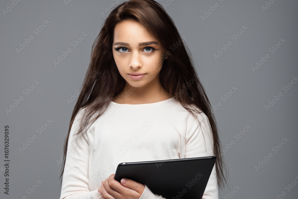 Businessw with her hands on tablet stands on gray. businessw professional concept. businessw with her hands on tablet stands on a gray. a female in gray stands with a tablet and a businessw lifestyle. Businessw with her hands on tablet stands on gray. businessw professional concept. businessw with her hands on tablet stands on a gray. a female in gray stands with a tablet and a businessw lifestyle.