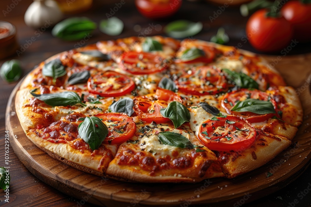 A Close-Up of a Delicious Pizza with Tomatoes and Basil on a Wooden Board A Close-Up of a Delicious Pizza with Tomatoes and Basil on a Wooden Board