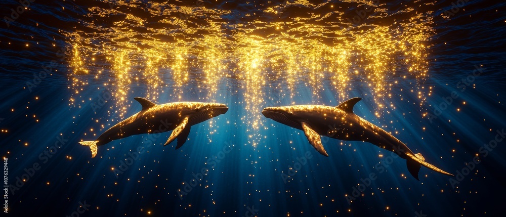 Naklejka premium Two majestic fish swim gracefully under shimmering golden light, surrounded by a vibrant underwater scene filled with glimmering particles.