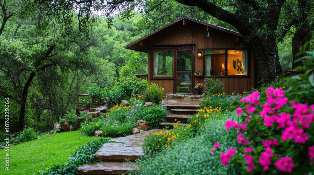 serene nature retreat with cozy cabin surrounded by lush greenery and vibrant flowers, creating peaceful atmosphere serene nature retreat with cozy cabin surrounded by lush greenery and vibrant flowers, creating peaceful atmosphere