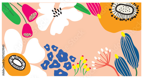 Modern exotic floral pattern background in boho art style. Fun doodle pattern background with abstract shapes and colors.