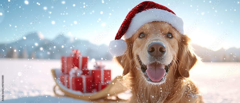 A cheerful golden retriever in a Santa hat sits in the snow, with festive gifts on a sled, surrounded by a winter wonderland. A cheerful golden retriever in a Santa hat sits in the snow, with festive gifts on a sled, surrounded by a winter wonderland.