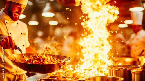 Chef's Fire: A passionate chef expertly tosses ingredients in a blazing wok, flames dancing high above the pan in a mesmerizing display of culinary artistry. photo