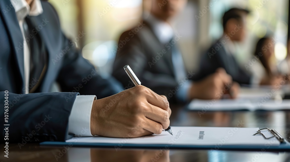 Businessman Signing a Document in a Meeting Businessman Signing a Document in a Meeting