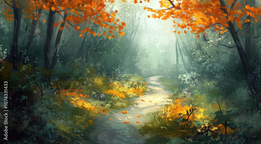 Ethereal Autumn Forest Trail with Sunlight Highlighting the Path Ethereal Autumn Forest Trail with Sunlight Highlighting the Path