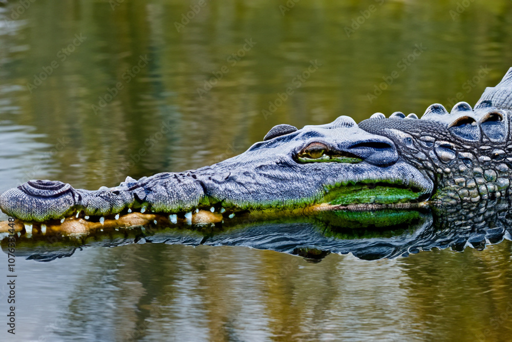 Obraz premium Large brown crocodile swimming in the water of river. swims animal river concept. a large brown crocodile swimming in the water of river. a concept of a large brown crocodile swimming in the water of.