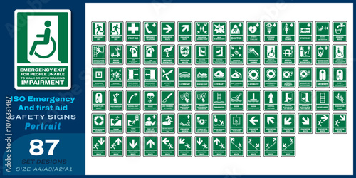 87 set iso emergency and first aid safety signs v26_emergency exit for people unable to walk or with walking impairment (left)_portrait size a4/a3/a2/a1
