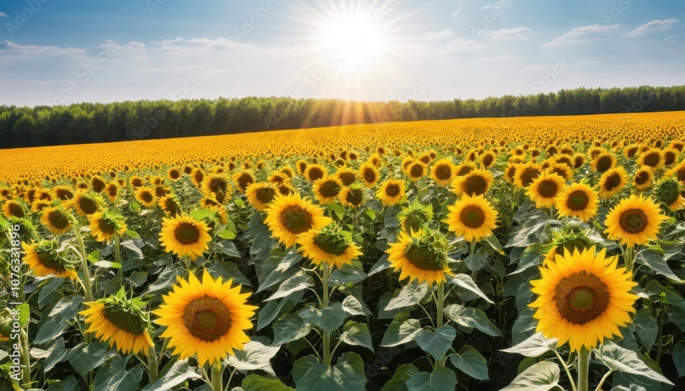 Fototapeta premium field of sunflowers facing the sun, bright and cheerful scene