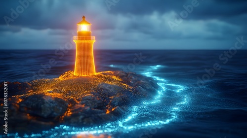 Wallpaper Mural A wireframe lighthouse glows brightly on a rocky island, a beacon of hope in the vast, dark ocean. Torontodigital.ca