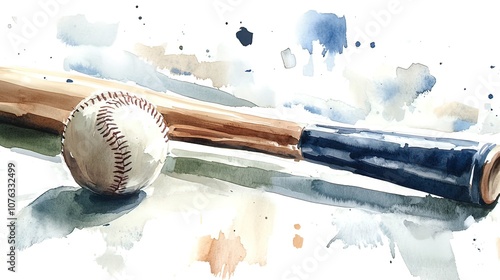 Watercolor painting of a baseball and bat on a white background with paint splatters.