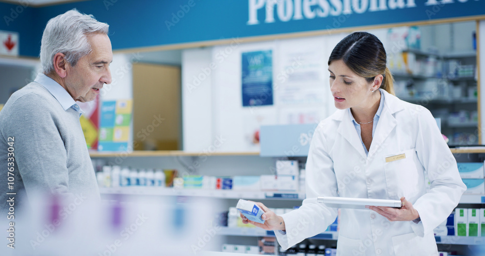 Pharmacy, tablet and customer with drugs for help, cure or prescription pills in retail store. Medical pharmacist, senior man and woman with technology for consultation, healthcare advice or medicine
