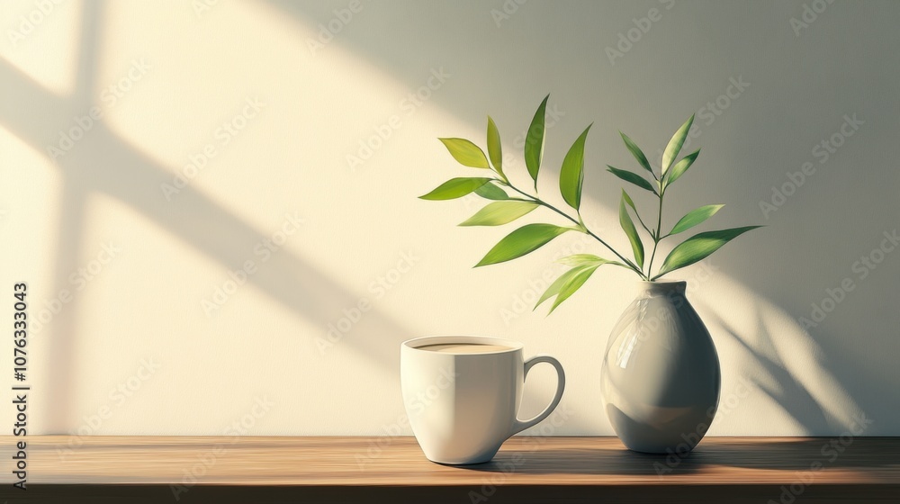 Coffee cup, greenery vase. Generative AI Coffee cup, greenery vase. Generative AI