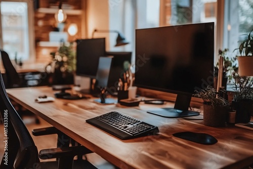 Wallpaper Mural Modern Office Workspace with Computer, Keyboard, and Plants Torontodigital.ca