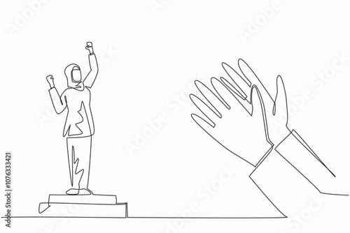 Single continuous line drawing Arabian woman stands on a podium. Victorious pose. The celebration of her accomplishment. Encouragement. Employee Appreciation Day. One line design vector illustration