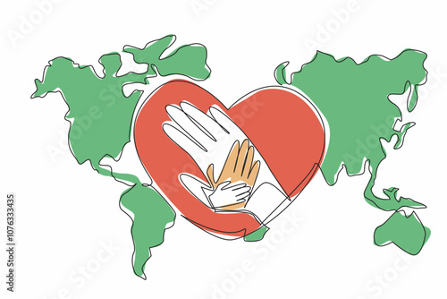 Single continuous line drawing hands stacked in the middle of a heart shape on a world map background. The global compassion. Humanitarian efforts. World NGO Day. One line design vector illustration