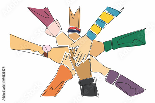 Single continuous line drawing eight hands with their sleeves stacked together and making circle. The interconnectedness. Solidarity. Shared vision. World NGO Day. One line design vector illustration