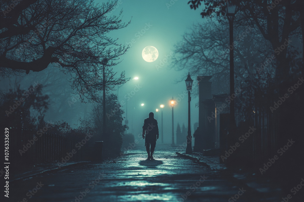 Lone Zombie Strolling on Moonlit Street, Eerie Atmosphere Lone Zombie Strolling on Moonlit Street, Eerie Atmosphere