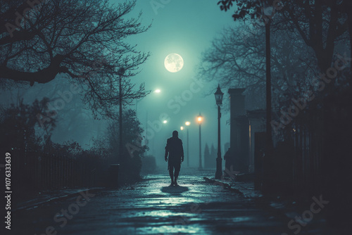 Lone Zombie Strolling on Moonlit Street, Eerie Atmosphere