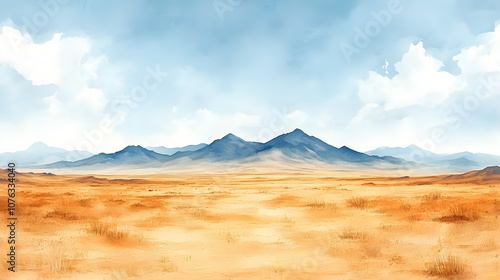 Wallpaper Mural A scenic watercolor painting of a vast desert landscape with rolling dunes, subtle earthy colors, and a distant silhouette of mountains under a wide, cloudless sky, capturing the vastness of nature. Torontodigital.ca