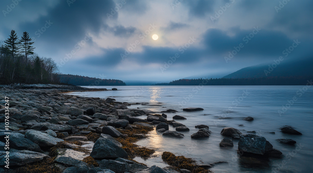 Bright Moon Over a Desolate Lake with Rocky Shores Bright Moon Over a Desolate Lake with Rocky Shores