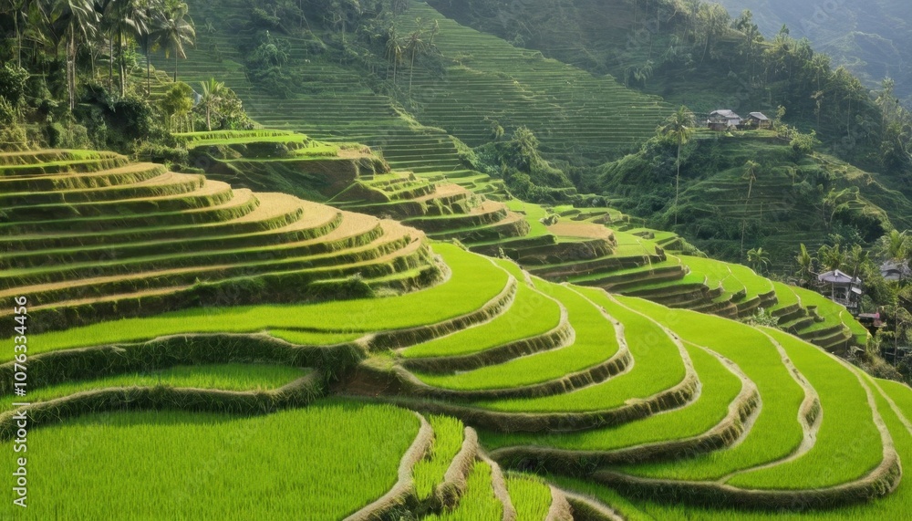 green rice terraces on hillside, traditional Asian landscape green rice terraces on hillside, traditional Asian landscape