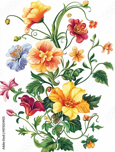 Wallpaper Mural A stunning, isolated illustration features a vibrant array of uniquely arranged colorful flowers against a white background. Torontodigital.ca