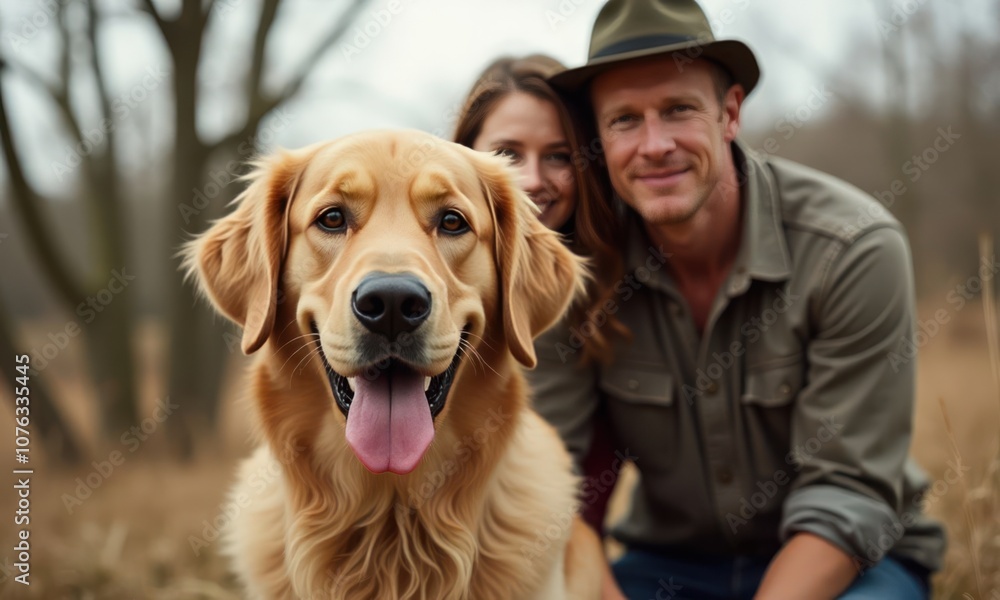 Man and woman pose with golden retriever. Dog looks at the camera and is happy Man and woman pose with golden retriever. Dog looks at the camera and is happy