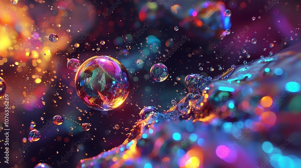 Vibrant, colorful bubbles floating in a cosmic-like environment with glowing particles and abstract light reflections, creating a mesmerizing and surreal visual Vibrant, colorful bubbles floating in a cosmic-like environment with glowing particles and abstract light reflections, creating a mesmerizing and surreal visual