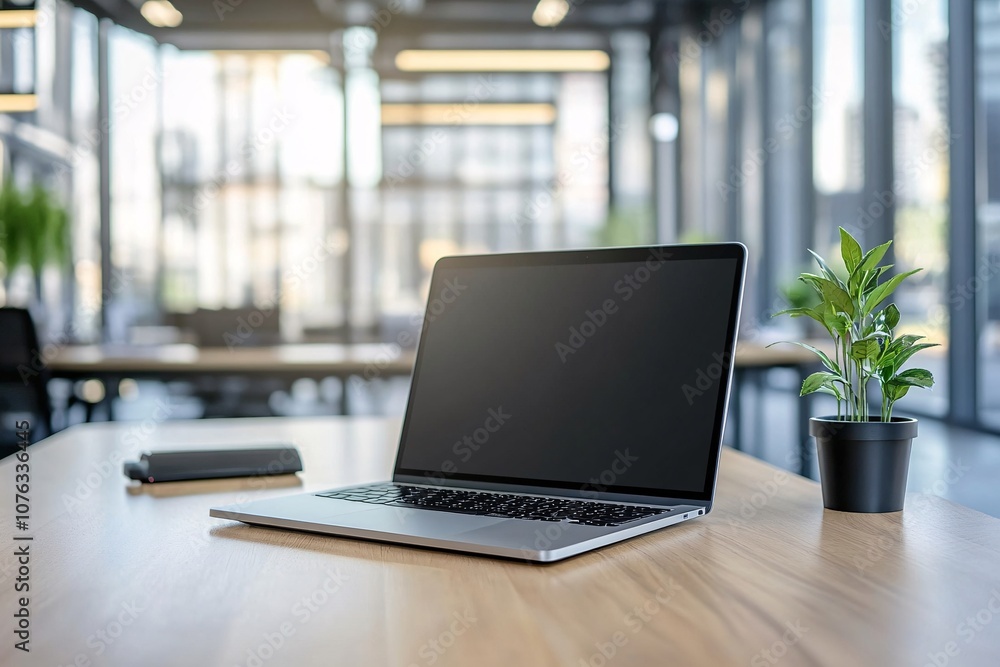 Modern Office Workspace with Laptop and Plant on Desk Modern Office Workspace with Laptop and Plant on Desk