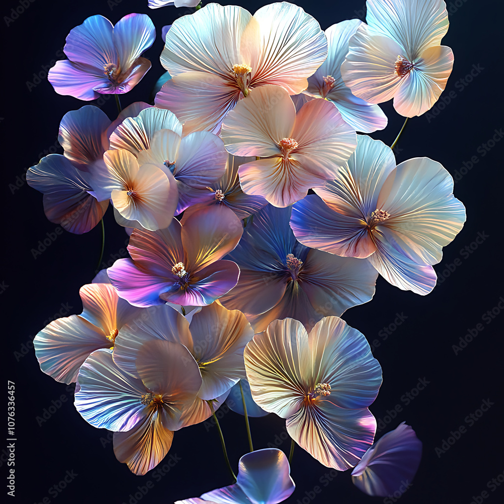stunning arrangement of 3D rainbow holographic pansy flowers, showcasing delicate petals in vibrant colors. ethereal beauty of these flowers creates captivating visual experience stunning arrangement of 3D rainbow holographic pansy flowers, showcasing delicate petals in vibrant colors. ethereal beauty of these flowers creates captivating visual experience